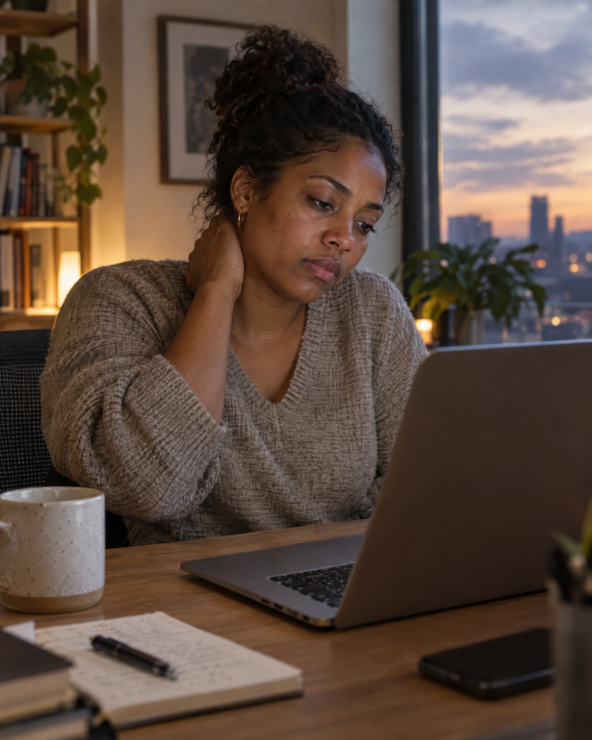 Woman at a desk rubbing her tense neck